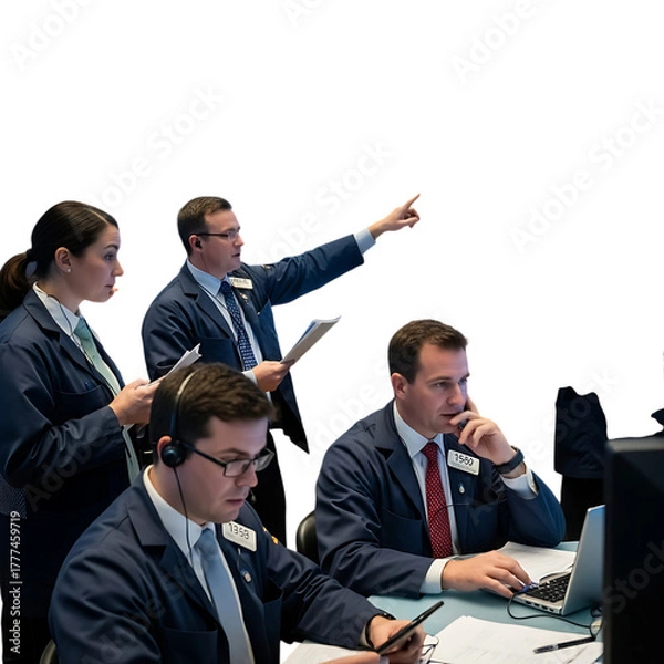 Obraz Four traders in blue jackets and ties working at desks with laptops and papers stock market trading floor
