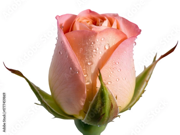 Obraz Delicate peach colored rosebud adorned with sparkling dew drops on its soft petals isolated on transparent background