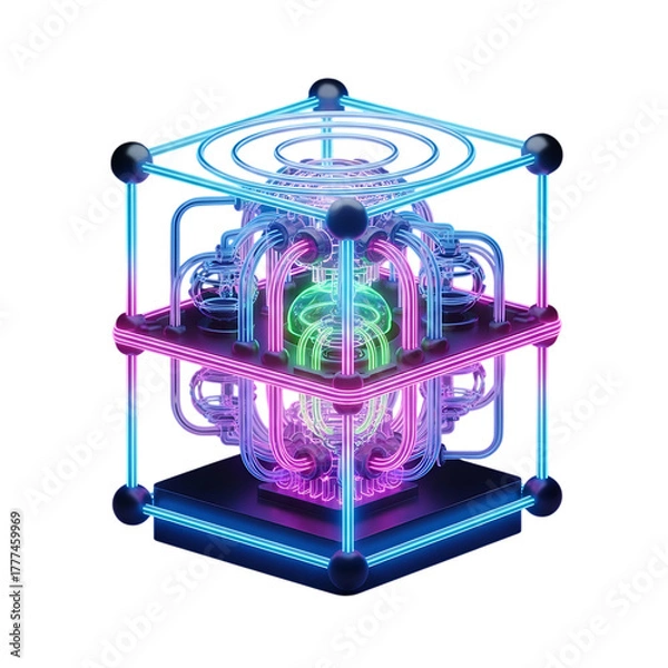 Obraz Futuristic neon glowing energy core with intricate tubes and a central green orb image