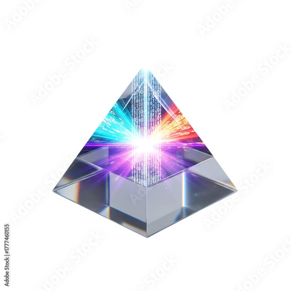 Obraz Glass pyramid refracting light and binary code against black background crystal prism