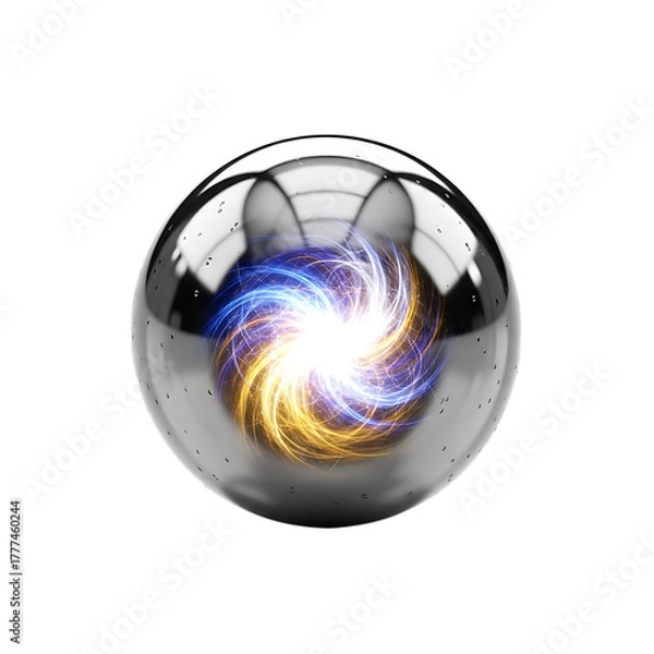 Obraz Glowing blue and yellow energy vortex contained within a reflective glass sphere with water droplets