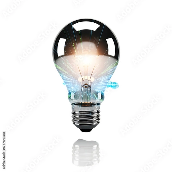 Obraz Glowing incandescent light bulb with digital data streams emanating from filament on black background