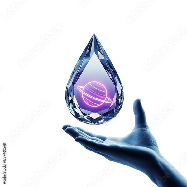 Obraz Hand holding a faceted crystal teardrop containing a glowing purple planet with rings image