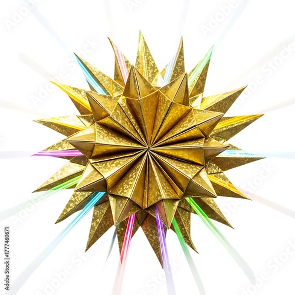 Obraz Intricate golden starburst origami decoration with colorful light beams on black background image