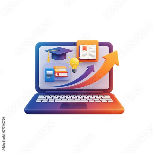 Obraz Laptop displaying graduation cap open book lightbulb and rising arrow graphic computer education