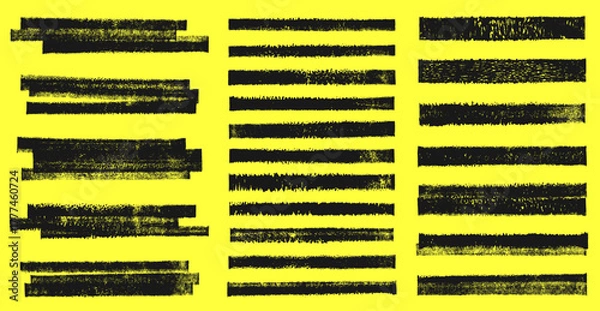 Fototapeta Grunge linocut rectangle stripes streaks, layered shapes rough distressed textured set. Artistic dividers borders backgrounds text box frames collection. Paint roller stains, lino ink grungy remains