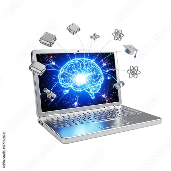 Obraz Laptop screen displays glowing blue brain with educational symbols floating around computer human brain