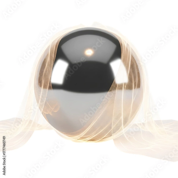 Obraz Large reflective metallic sphere covered by sheer light beige fabric against black background chrome