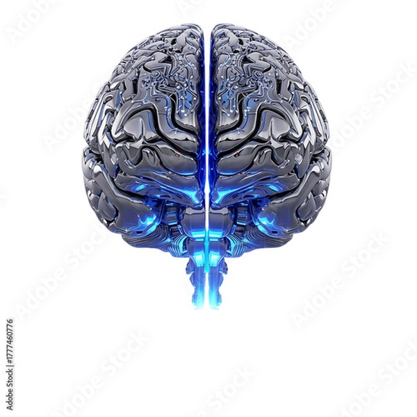 Obraz Metallic brain with glowing blue circuits on black background chrome silver