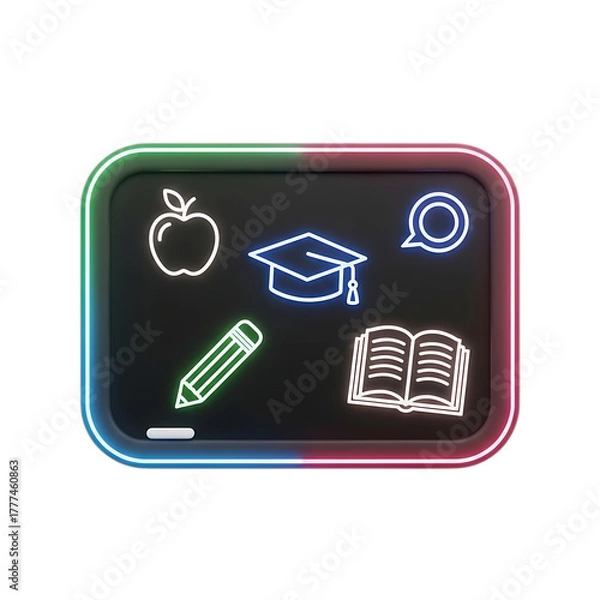 Obraz Neon glowing icons of apple graduation cap pencil book and magnifying glass on a dark blackboard with colorful border