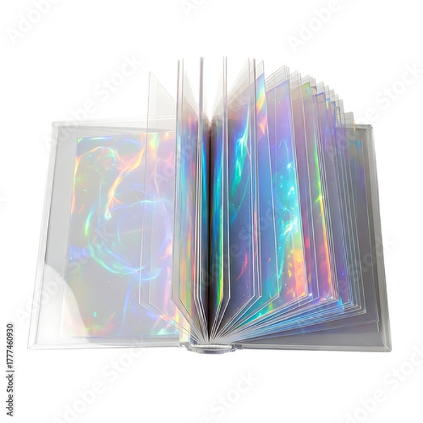 Obraz Open photo album with holographic iridescent pages reflecting colorful cosmic nebula patterns rainbow
