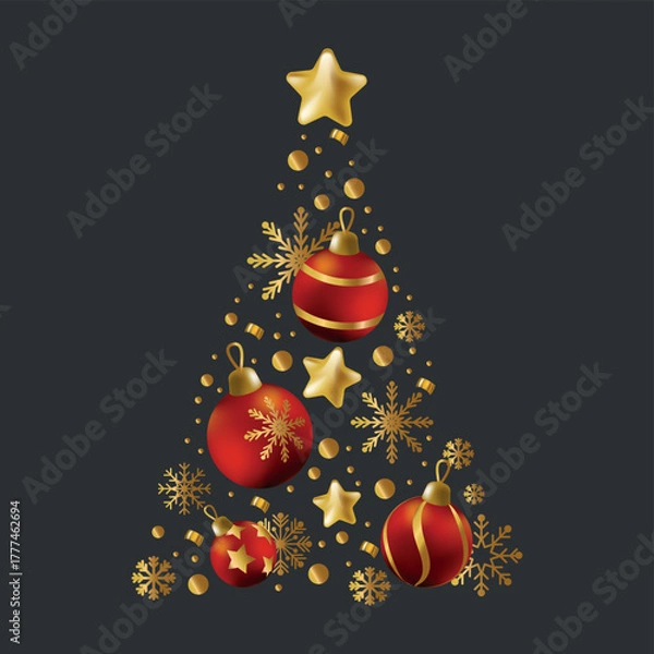 Obraz Christmas tree made up of holiday elements, red and gold colors - Vector illustration