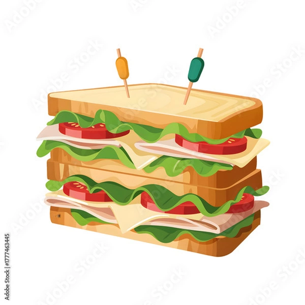 Fototapeta Hearty multi-layered club sandwich featuring fresh vegetables and deli meat held by colorful picks isolated on transparent background