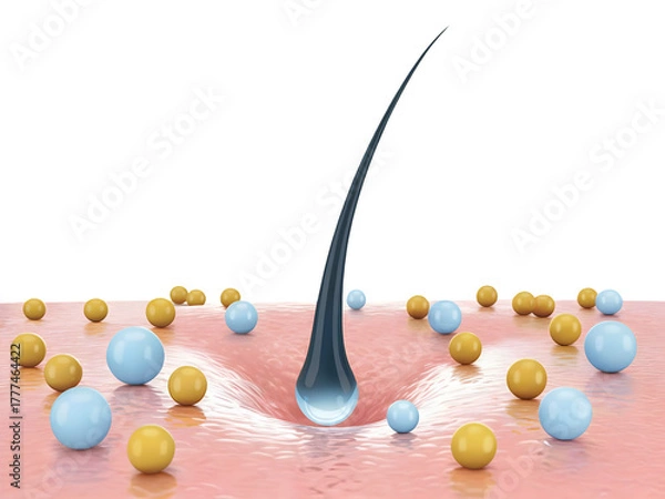 Fototapeta Human hair follicle on skin with surrounding particles representing treatment or growth isolated on transparent background