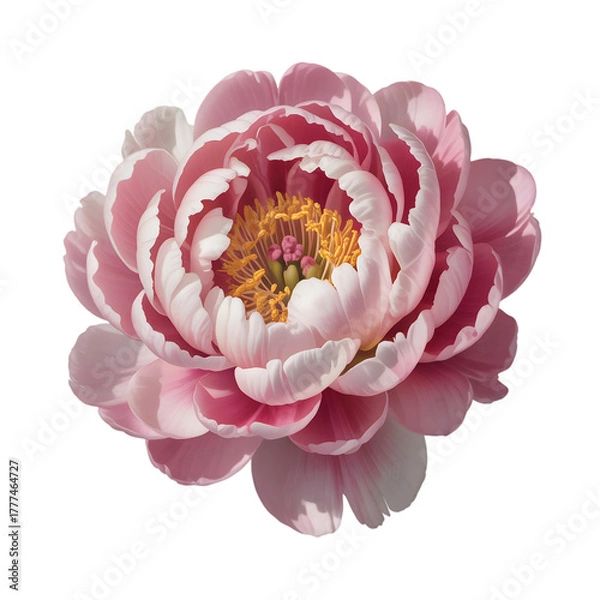 Fototapeta Pink peony flower in full bloom showcasing delicate petals and vibrant yellow stamen isolated on transparent background