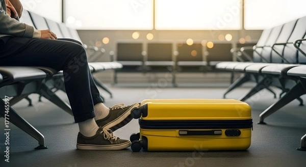 Fototapeta Person sitting in airport waiting area with yellow suitcase and shoes on it near empty chairs
