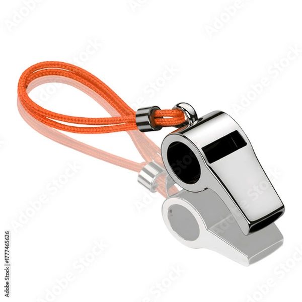 Fototapeta Shiny silver metal whistle with a bright orange lanyard attached for sports and safety isolated on transparent background
