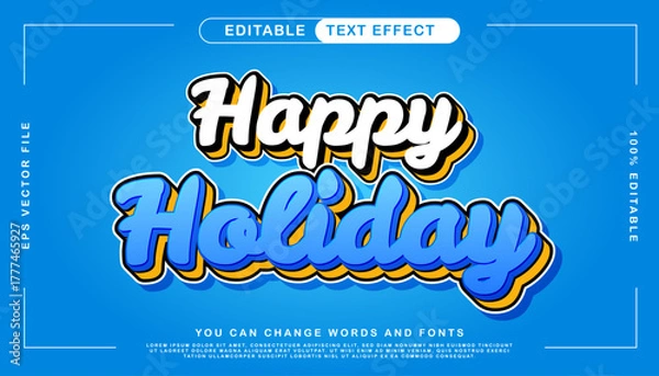 Fototapeta Editable Happy Holiday text effect with vibrant blue and yellow colors, perfect for festive designs, greeting cards, and promotional banners