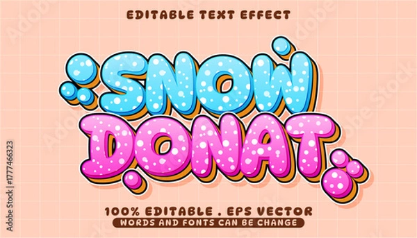 Obraz Snow donat editable text effect with a bubbly 3D cartoon font. Pink donut and blue snow themed vector design template