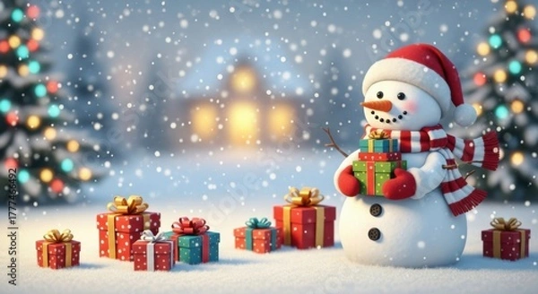 Obraz A cheerful snowman amidst snowfall and festive gifts capturing the magic of Christmas