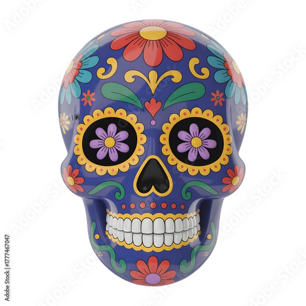 Obraz Vibrant blue sugar skull adorned with colorful floral patterns and Mexican folk art isolated on transparent background