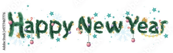 Obraz Congratulation Happy New Year, stylish design from fir branches with holiday decorations - Vector illustration