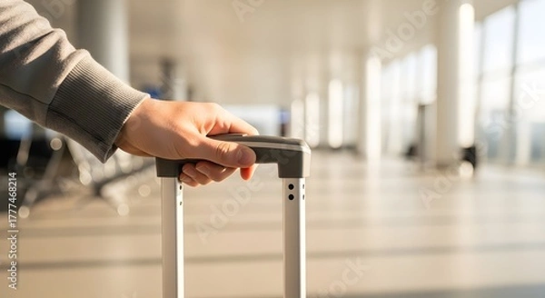 Fototapeta A hand holding a suitcase handle in an airport terminal with blurred background of waiting area and windows