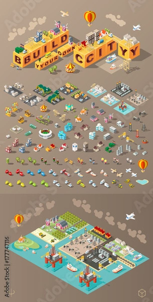 Fototapeta Set of Isometric High Quality City Element on Brown Background . City
