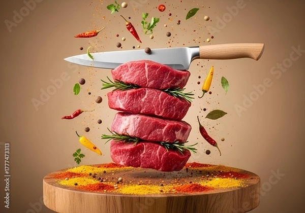 Fototapeta high-resolution, commercial studio photograph featuring a vertical stack of four thick, raw beef steaks forming a tower suspended in a zero-gravity effect