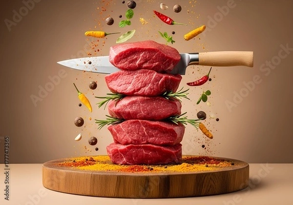 Fototapeta High-resolution, commercial studio photograph featuring a vertical stack of four thick, raw beef steaks forming a tower suspended in a zero-gravity effect