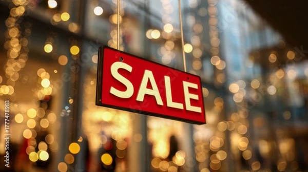 Fototapeta Red sale sign hanging in a store window with blurred warm glowing bokeh lights in the background during a festive shopping season event