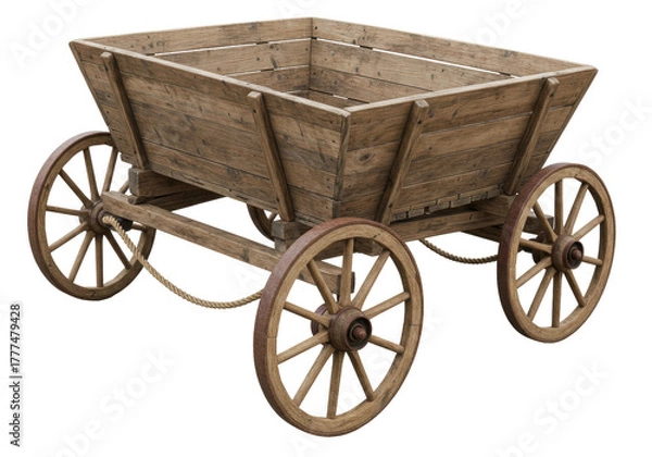 Obraz Isolated rustic wood cart with four spoked wheels, vintage country decoration, craft prop