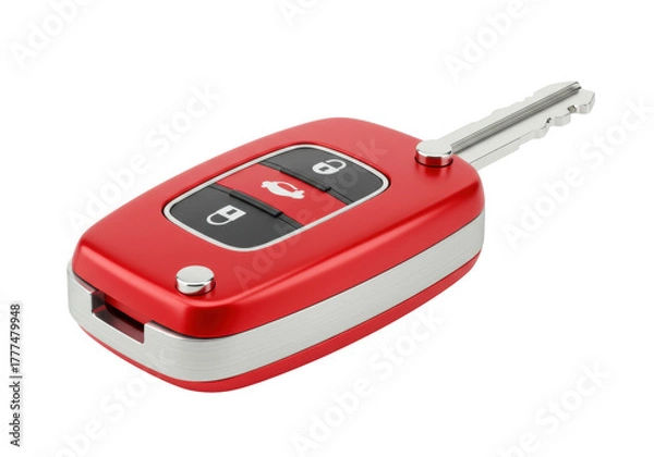 Fototapeta Isolated red car key fob with silver trim on a neutral background, security, vehicle