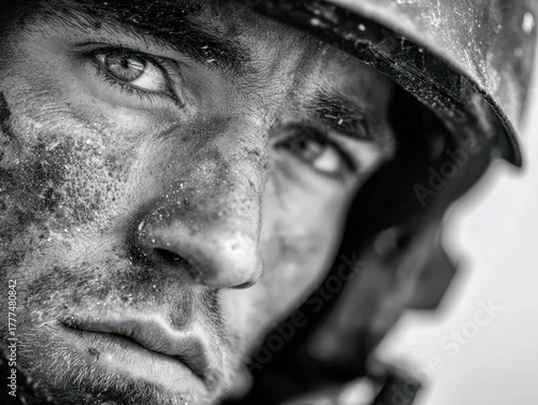 Fototapeta Determined man with a dust-covered face wearing a safety helmet, looking intensely with focused eyes in a monochrome portrait photograph