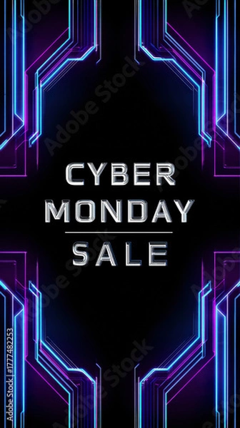 Fototapeta Futuristic cyber monday sale banner with glowing neon blue purple circuit lines and bold typography on dark tech background