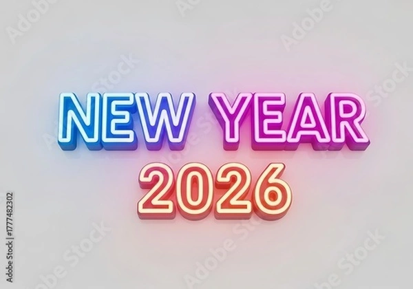 Fototapeta Vibrant neon text displaying "NEW YEAR 2026" with a gradient of blue, pink, and orange hues against a plain, light background.