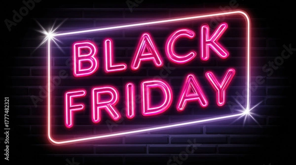 Fototapeta Neon black friday sign with vivid pink glowing lights in rectangular frame on dark background creating striking retro aesthetic