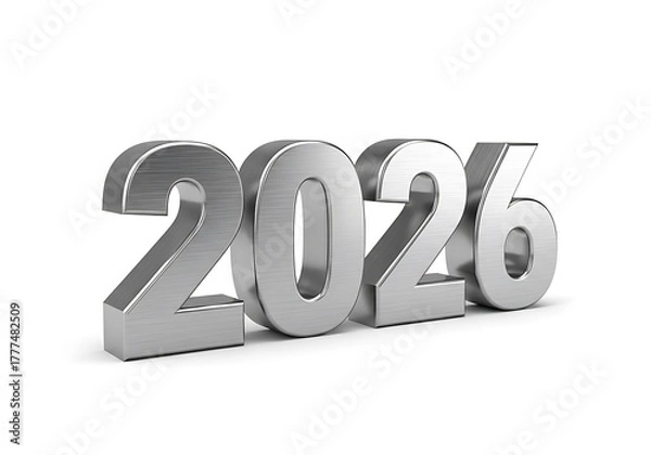 Fototapeta A 3D rendering of the number 2026 in a bold, silver, brushed metal texture, isolated on a white background with a soft shadow.