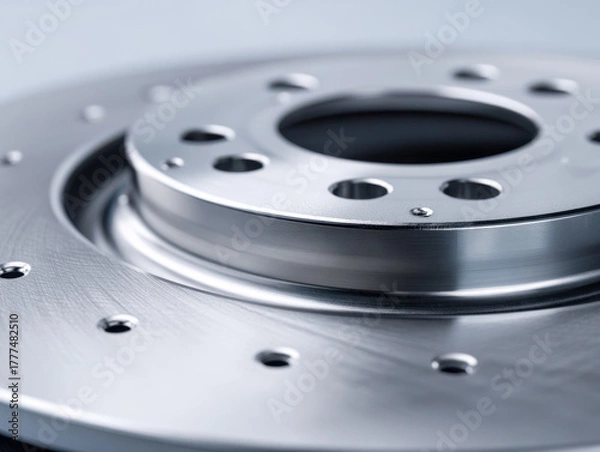 Fototapeta Detailed view of a shiny metallic automotive brake disc with multiple holes designed for ventilation and mounting on vehicle wheel hubs in soft lighting