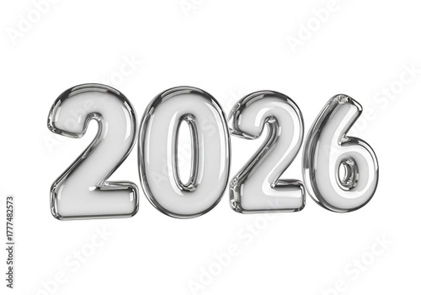 Fototapeta Silver metallic balloon numbers forming the year 2026 against an isolated white background.