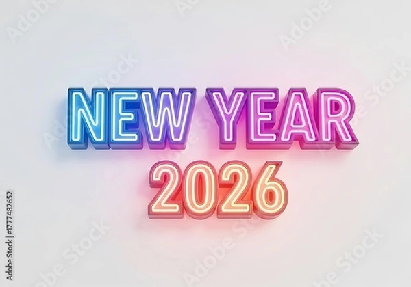 Fototapeta Glowing neon sign with the words NEW YEAR 2026 in a colorful blue, purple, and pink gradient on a white wall.