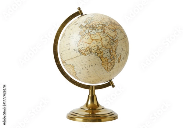 Obraz Isolated antique-style desk globe, geographical sphere on gold metal stand, world map display