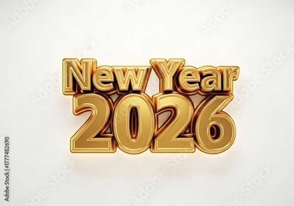 Fototapeta Elegant golden 3D text 'New Year 2026' with a soft shadow, isolated on a clean white background.