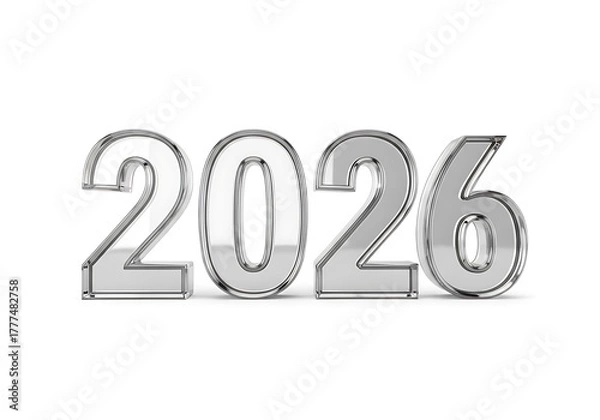 Fototapeta Three-dimensional metallic numerals spelling out the year 2026, rendered with a reflective surface against a stark white background.