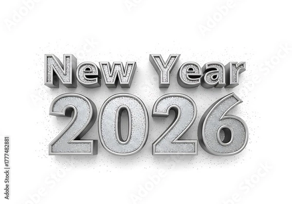 Fototapeta Silver, metallic "New Year 2026" text displayed against a white background, celebrating the upcoming year.
