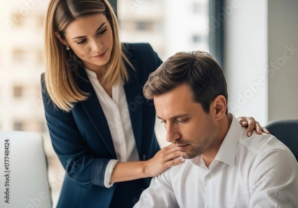 Fototapeta Workplace Compassion: A Comforting Hand in Difficult Times - A caring female colleague gently comforts a worried coworker, symbolizing empathy, emotional support, and kindness in professional life.