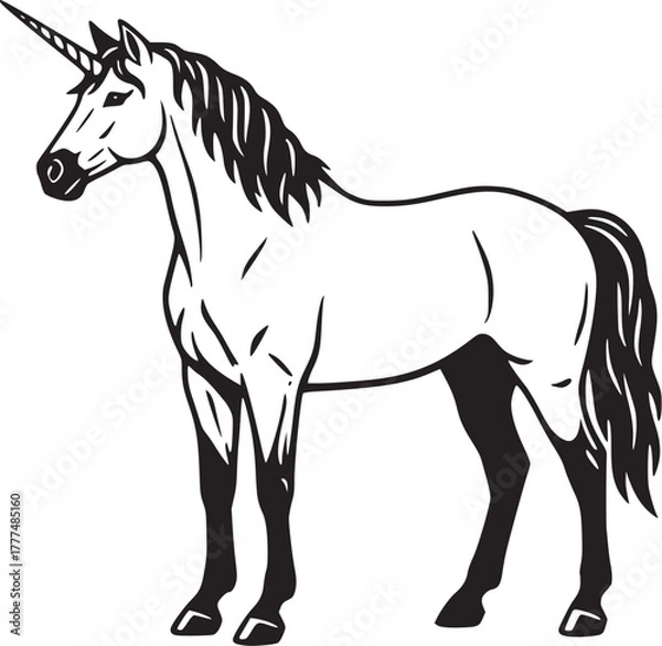 Obraz Unicorn line art in a classic engraving style, magic and purity concept.