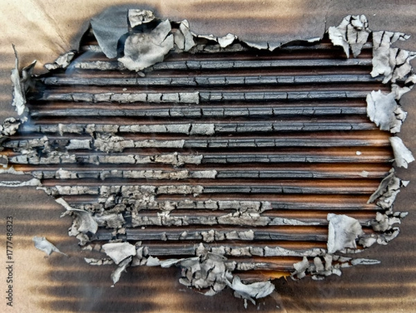 Obraz Close-up of burnt cardboard texture with ashes and charred layers, showing natural fire damage, smoke marks, and detailed surface for abstract design use.