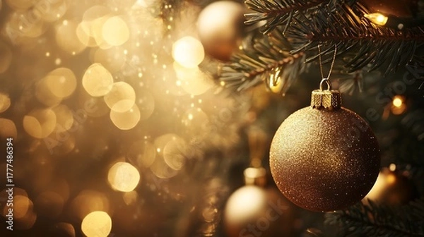 Obraz Close up of ornaments hanging pine branches sparkling fairy lights golden tones dreamy festive background no humans