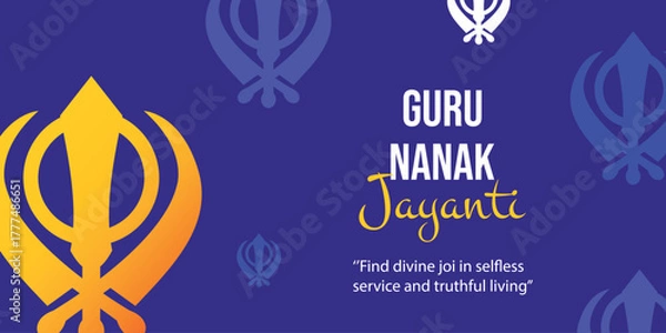Fototapeta Guru Nanak Jayanti greeting banner. Orange symbol of sikhism on blue background. Creative indiana design. Vector illustration